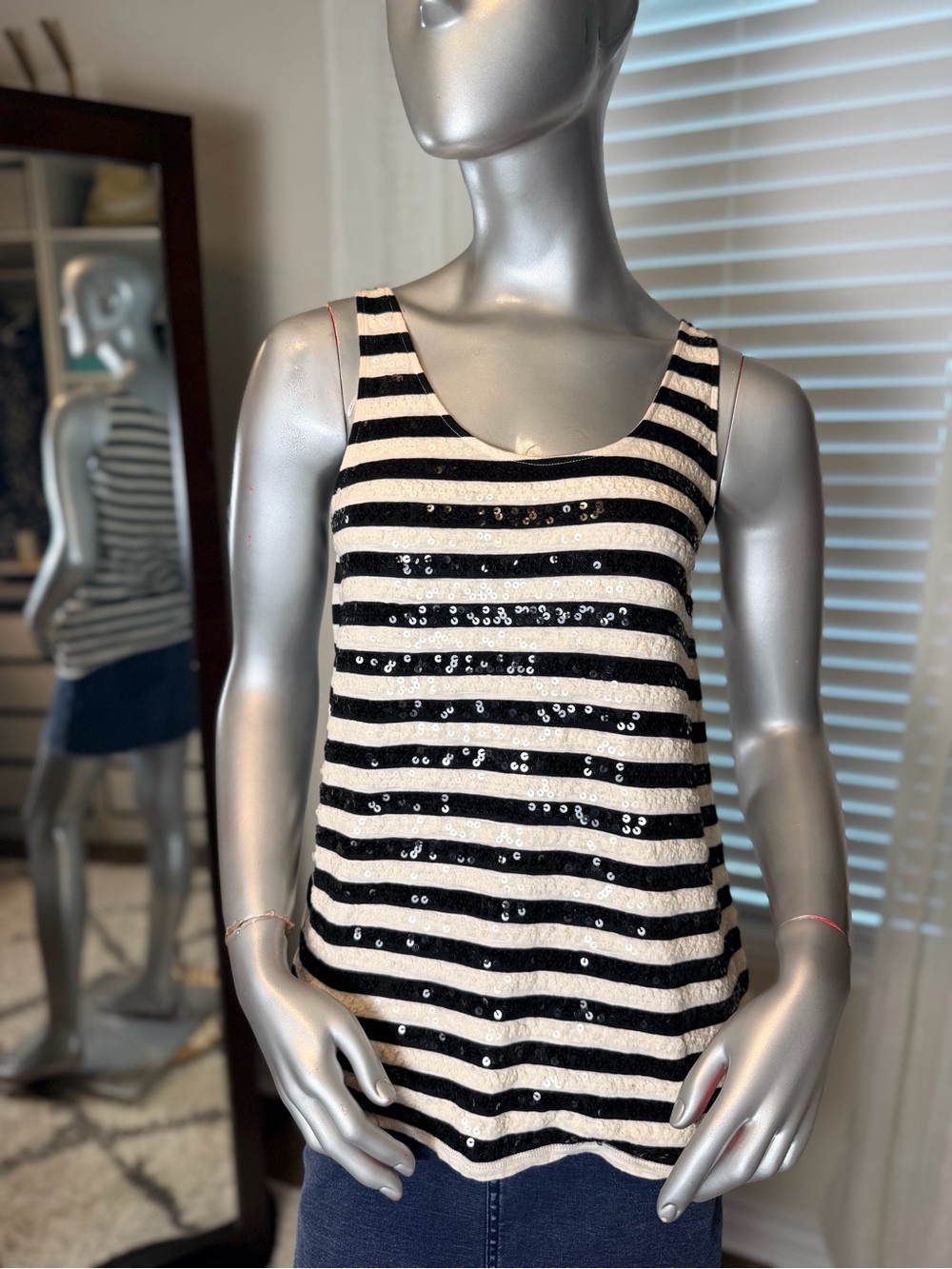 LOFT Sequin Striped Tank Top Small Cotton Blend Nautical Sleeveless Black Ivory